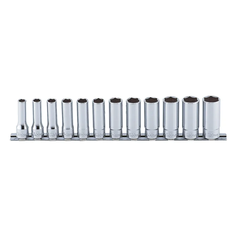 3/8" 6 kant steckschlüssel, lang (mm), 12teiliger satz auf halteschiene
