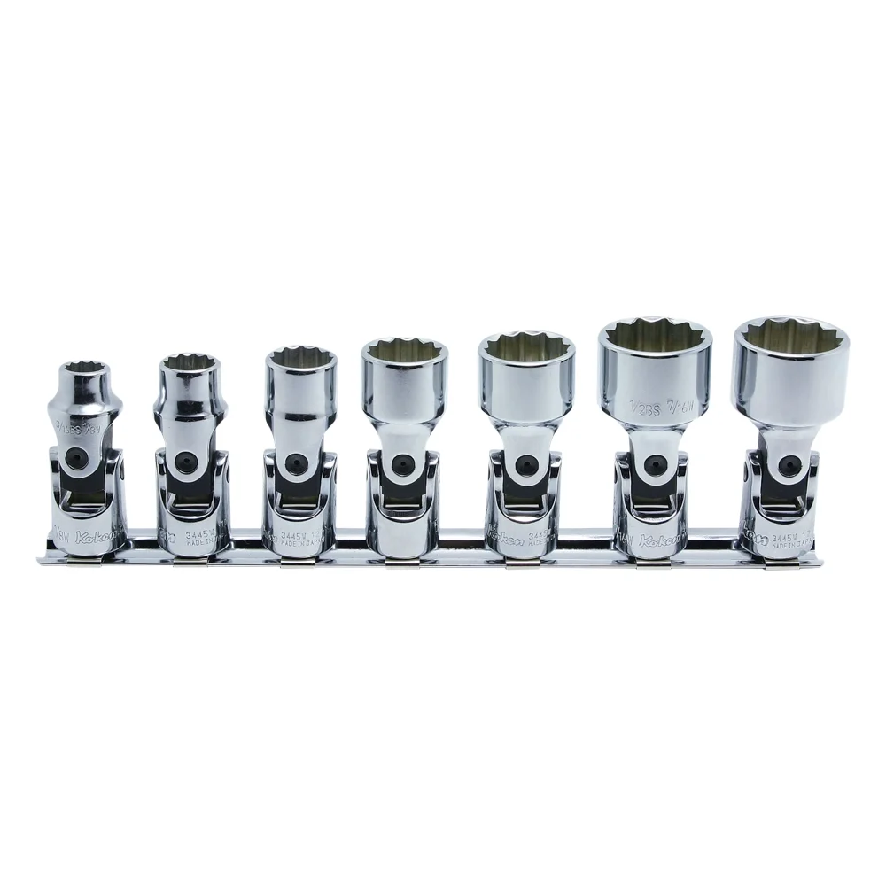 3/8'' 12-kant Gelenkstücksatz,  7-teiliger Satz auf Halteschiene, WHITWORTH